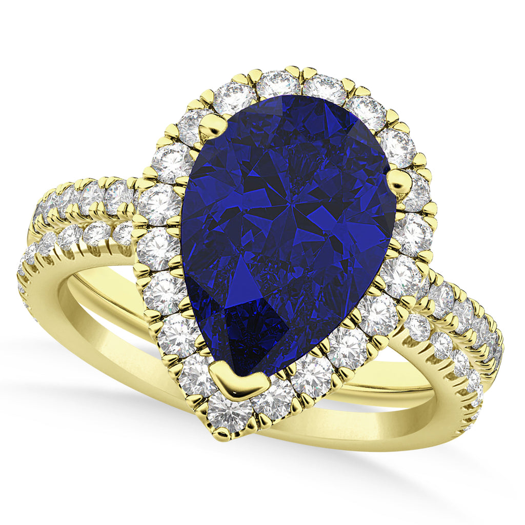 Lab Blue Sapphire & Lab Diamonds Pear-Cut Halo Bridal Set 14K Yellow Gold (3.28ct)