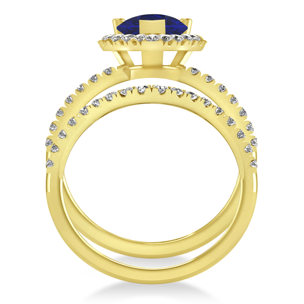 Lab Blue Sapphire & Lab Diamonds Pear-Cut Halo Bridal Set 14K Yellow Gold (3.28ct)