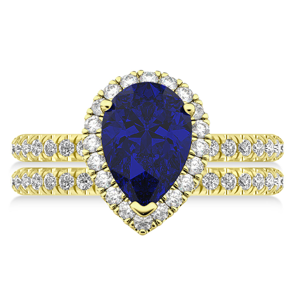Blue Sapphire & Diamonds Pear-Cut Halo Bridal Set 14K Yellow Gold (3.28ct)
