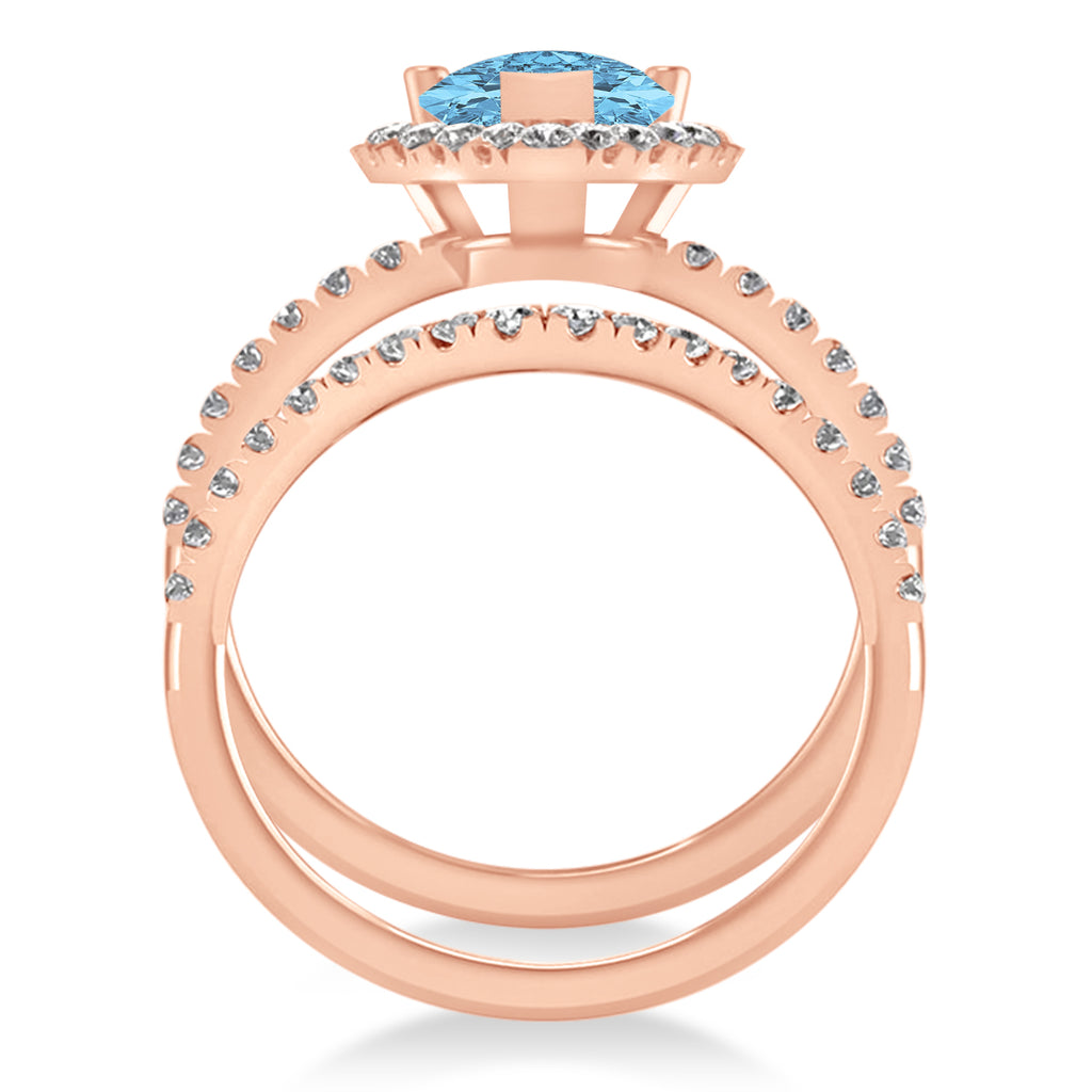 Blue Topaz & Diamonds Pear-Cut Halo Bridal Set 14K Rose Gold (2.18ct)