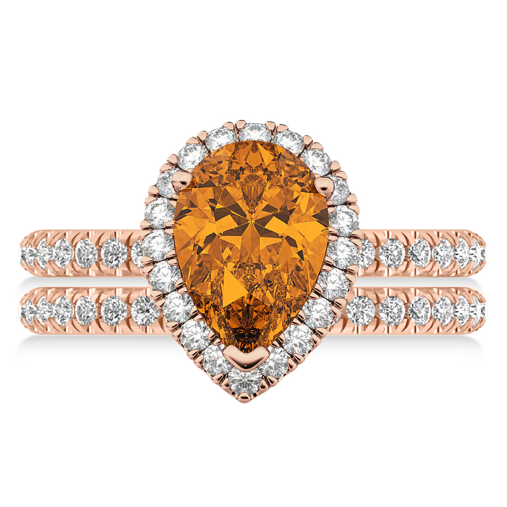 Citrine & Diamonds Pear-Cut Halo Bridal Set 14K Rose Gold (2.48ct)