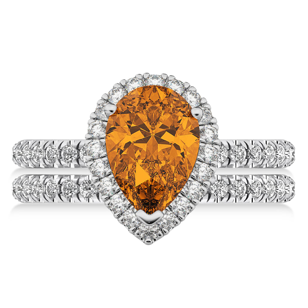Citrine & Diamonds Pear-Cut Halo Bridal Set 14K White Gold (2.48ct)