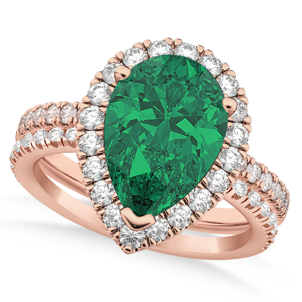 Lab Emerald & Lab Grown Diamonds Pear-Cut Halo Bridal Set 14K Rose Gold (3.38ct)
