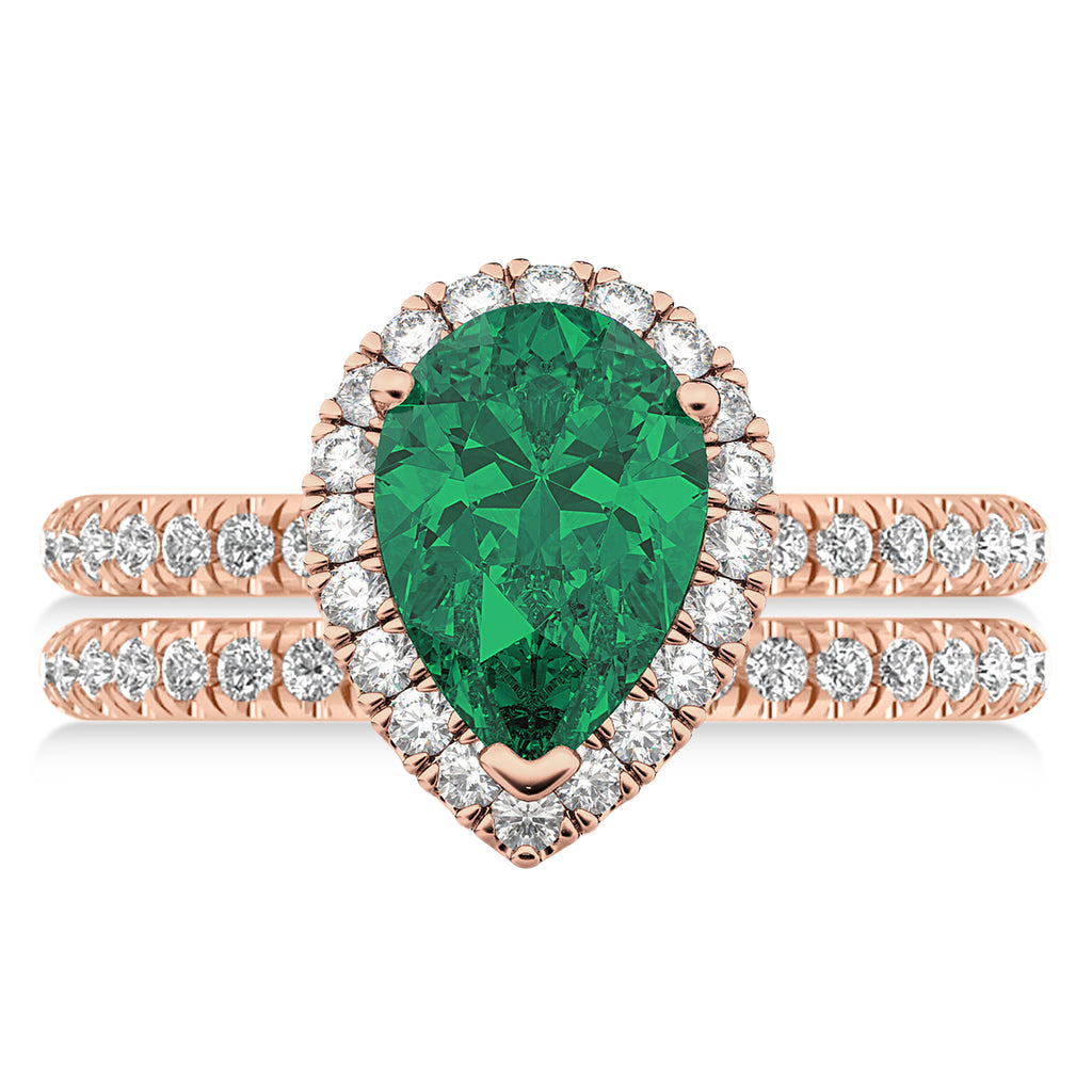 Lab Emerald & Lab Grown Diamonds Pear-Cut Halo Bridal Set 14K Rose Gold (3.38ct)