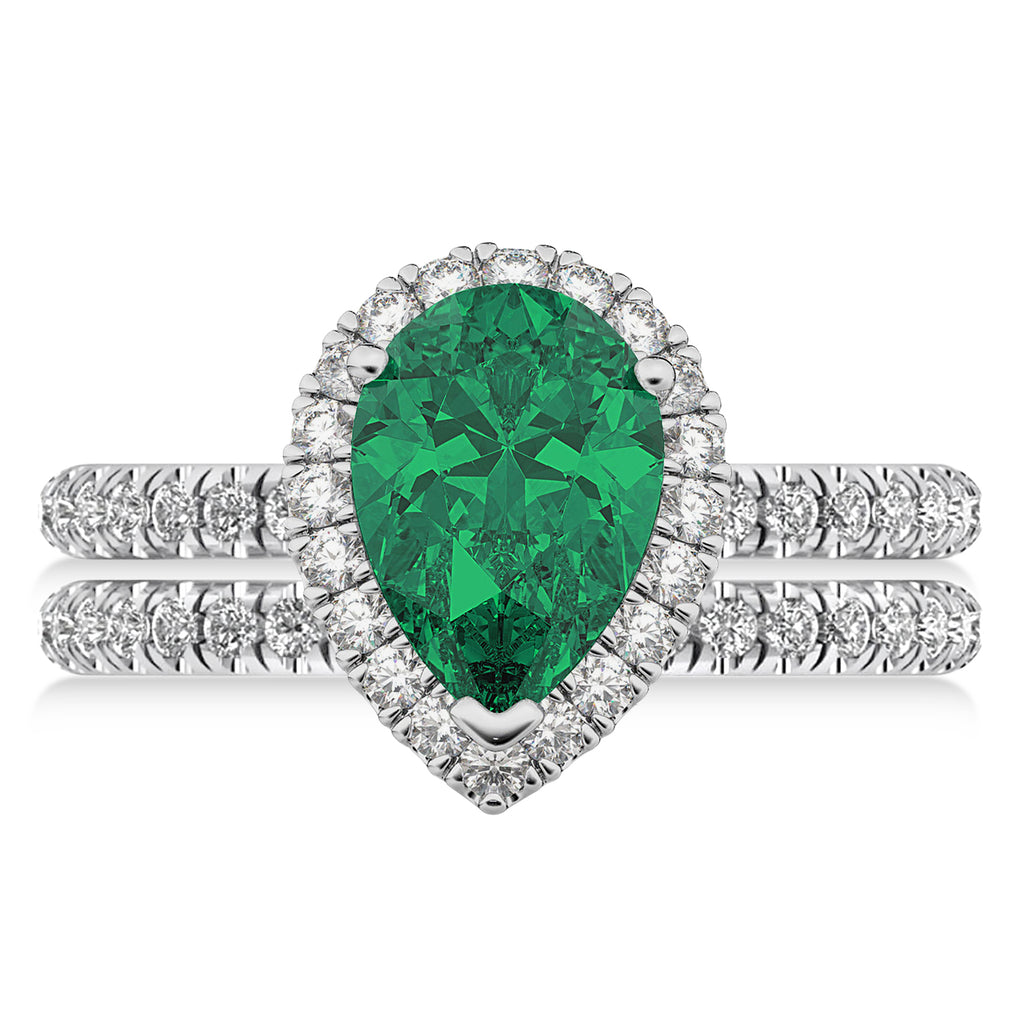 Lab Emerald & Lab Grown Diamonds Pear-Cut Halo Bridal Set 14K White Gold (3.38ct)