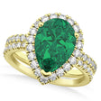 Lab Emerald & Lab Diamonds Pear-Cut Halo Bridal Set 14K Yellow Gold (3.38ct)