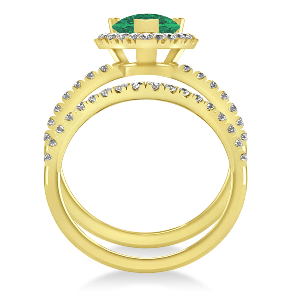 Lab Emerald & Lab Diamonds Pear-Cut Halo Bridal Set 14K Yellow Gold (3.38ct)
