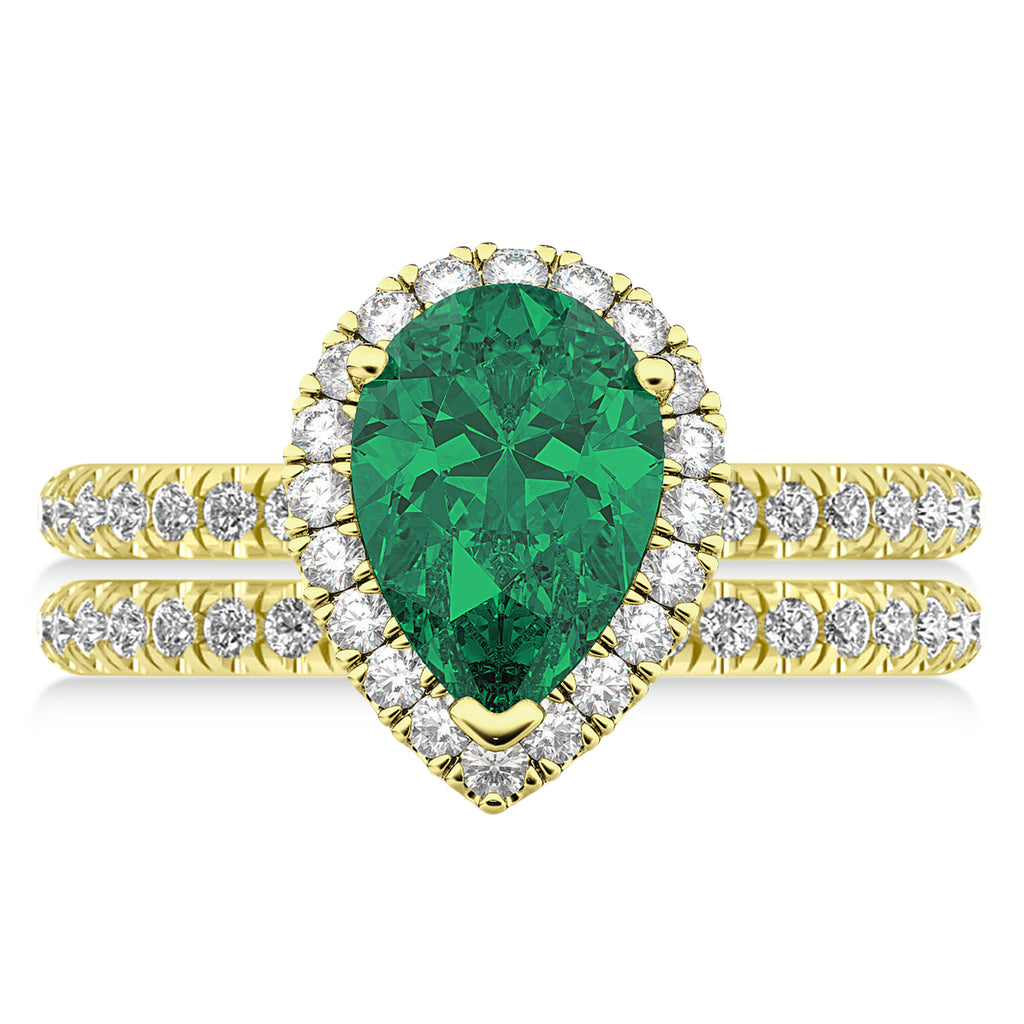 Lab Emerald & Lab Diamonds Pear-Cut Halo Bridal Set 14K Yellow Gold (3.38ct)