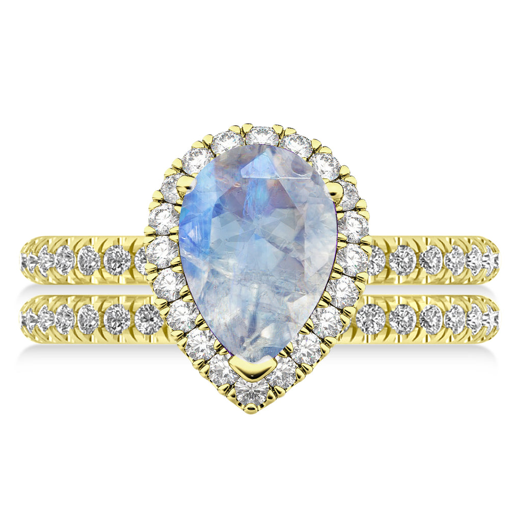 Moonstone & Diamonds Pear-Cut Halo Bridal Set 14K Yellow Gold (2.78ct)