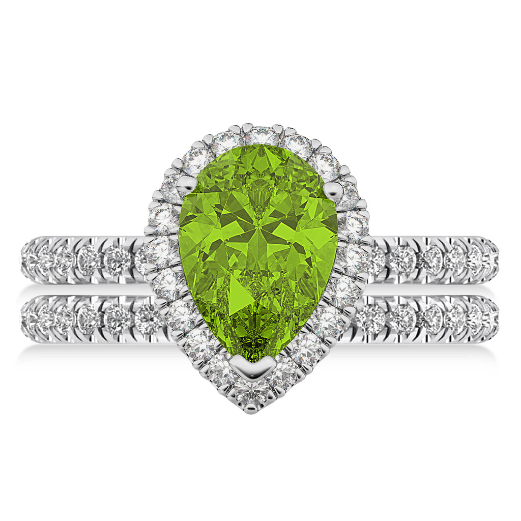 Peridot & Diamonds Pear-Cut Halo Bridal Set 14K White Gold (2.18ct)