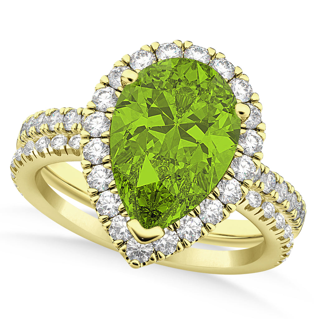 Peridot & Diamonds Pear-Cut Halo Bridal Set 14K Yellow Gold (2.18ct)