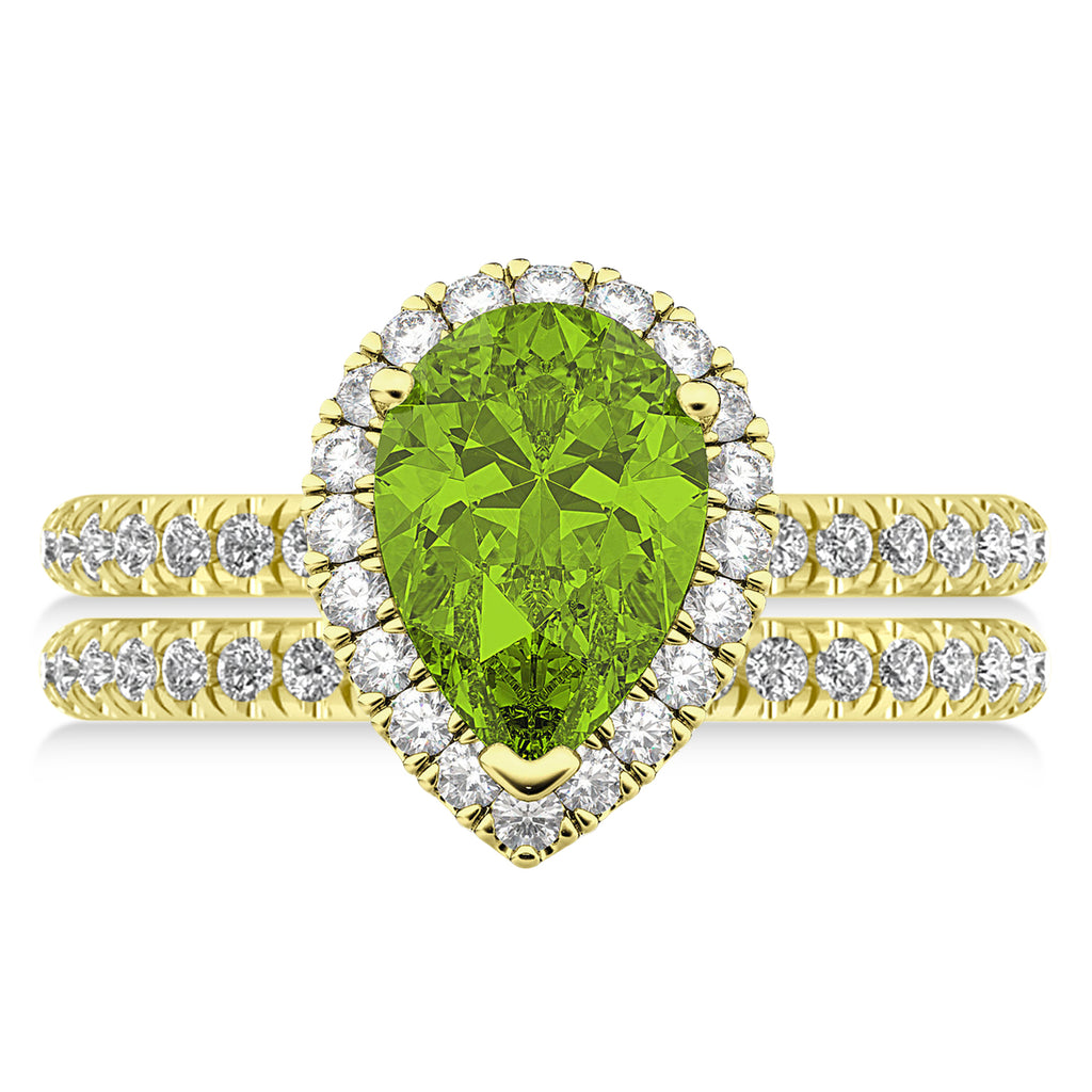 Peridot & Diamonds Pear-Cut Halo Bridal Set 14K Yellow Gold (2.18ct)