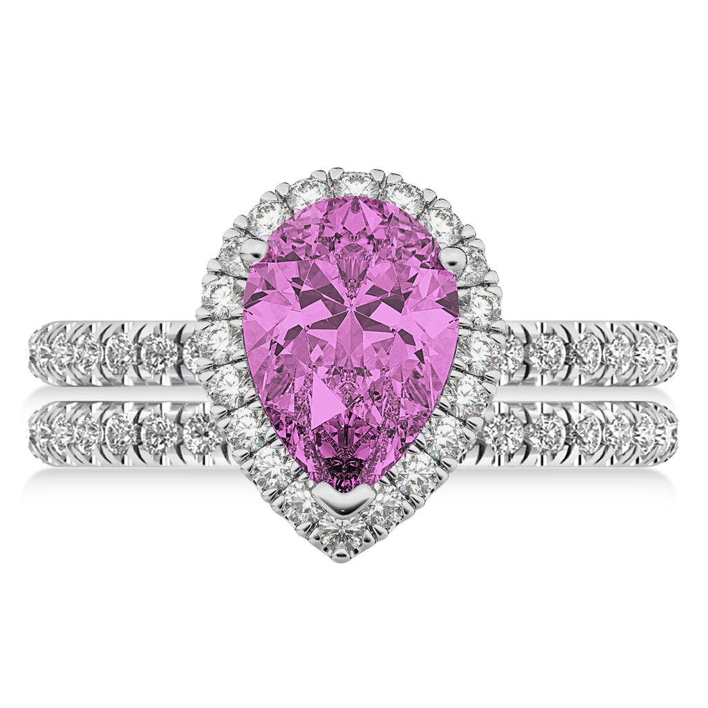 Pink Sapphire & Diamonds Pear-Cut Halo Bridal Set 14K White Gold (3.28ct)