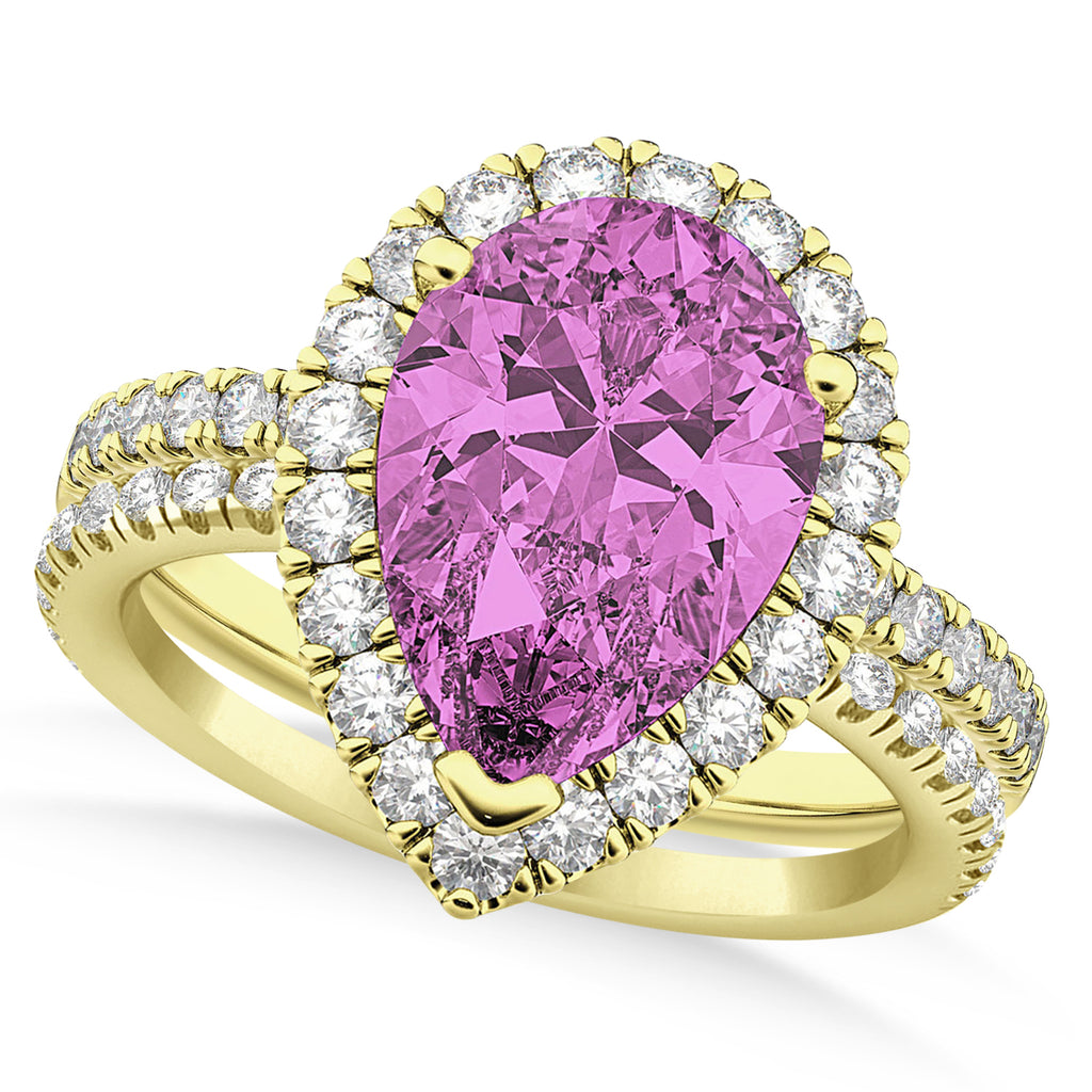 Pink Sapphire & Diamonds Pear-Cut Halo Bridal Set 14K Yellow Gold (3.28ct)