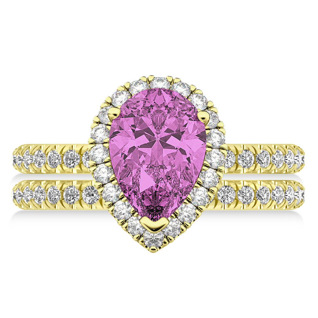 Pink Sapphire & Diamonds Pear-Cut Halo Bridal Set 14K Yellow Gold (3.28ct)