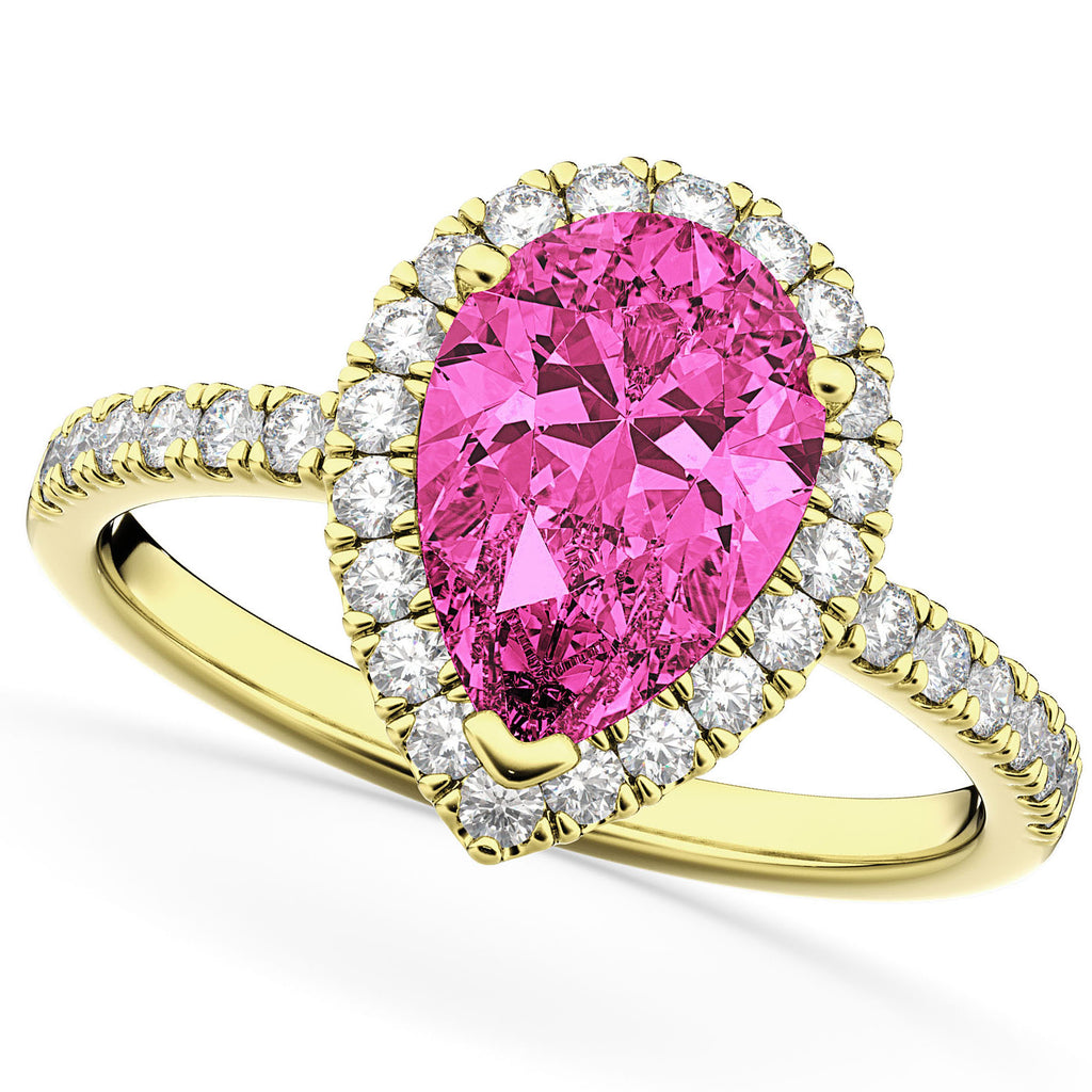 Pink Tourmaline & Diamonds Pear-Cut Halo Bridal Set 14K Yellow Gold (2.18ct)