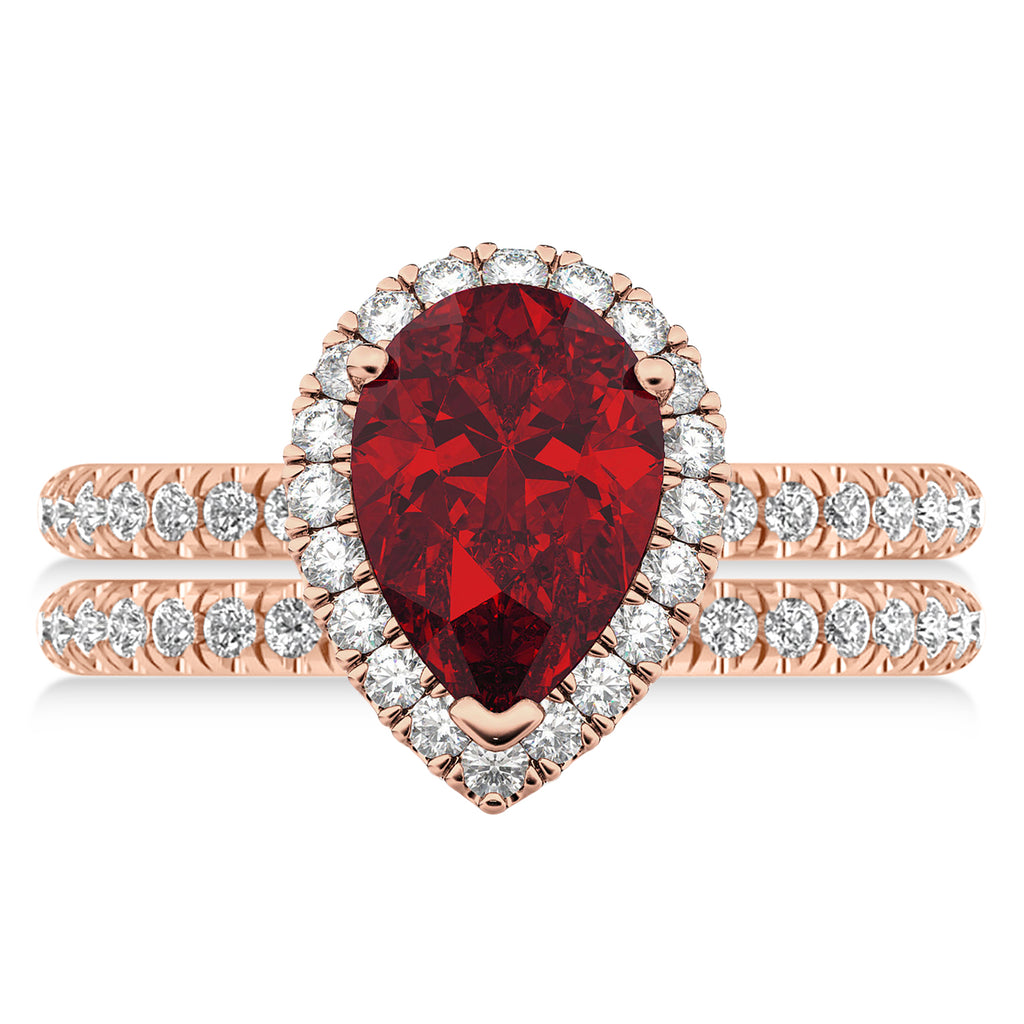 Ruby & Diamonds Pear-Cut Halo Bridal Set 14K Rose Gold (3.28ct)