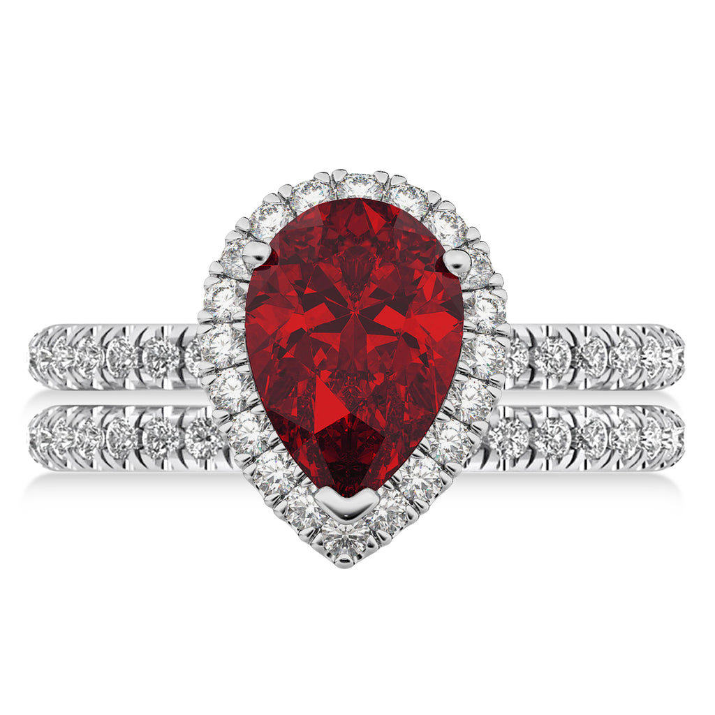 Ruby & Diamonds Pear-Cut Halo Bridal Set 14K White Gold (3.28ct)