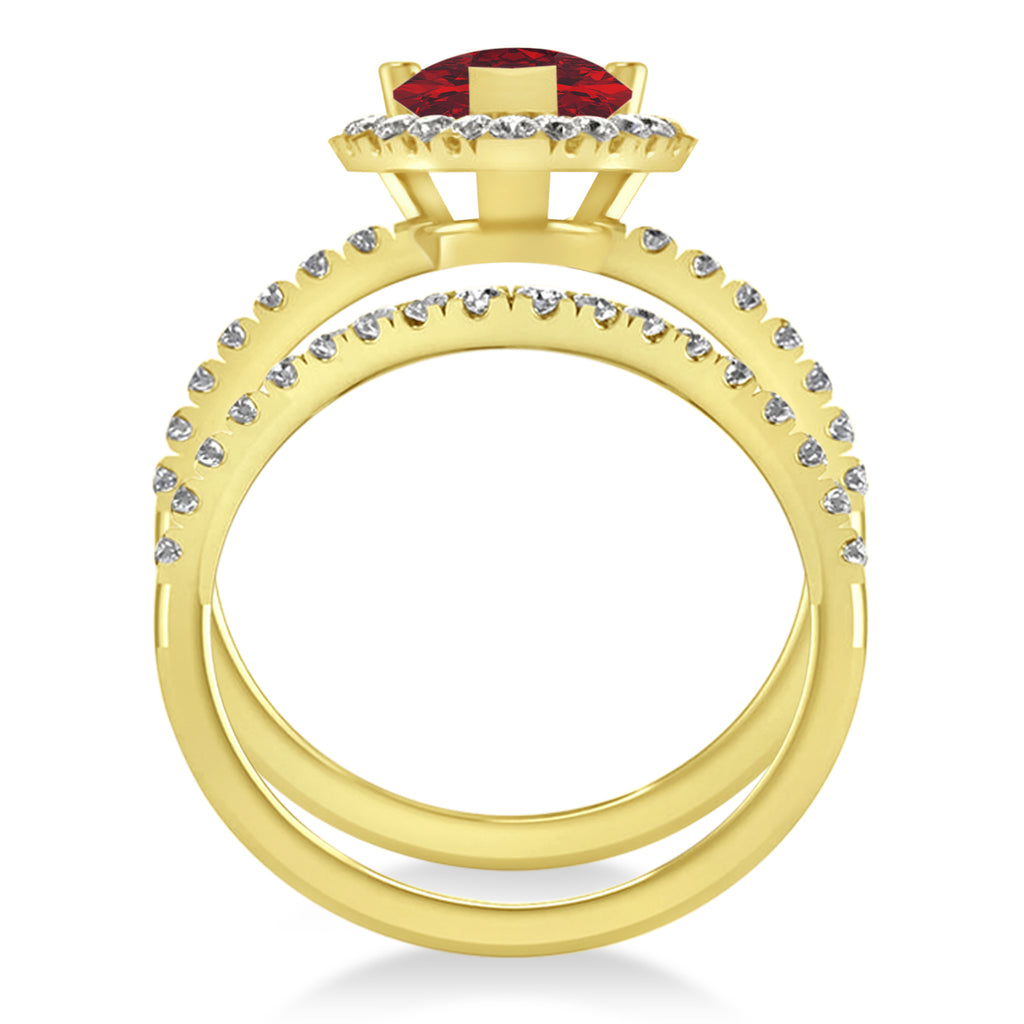 Ruby & Diamonds Pear-Cut Halo Bridal Set 14K Yellow Gold (3.28ct)