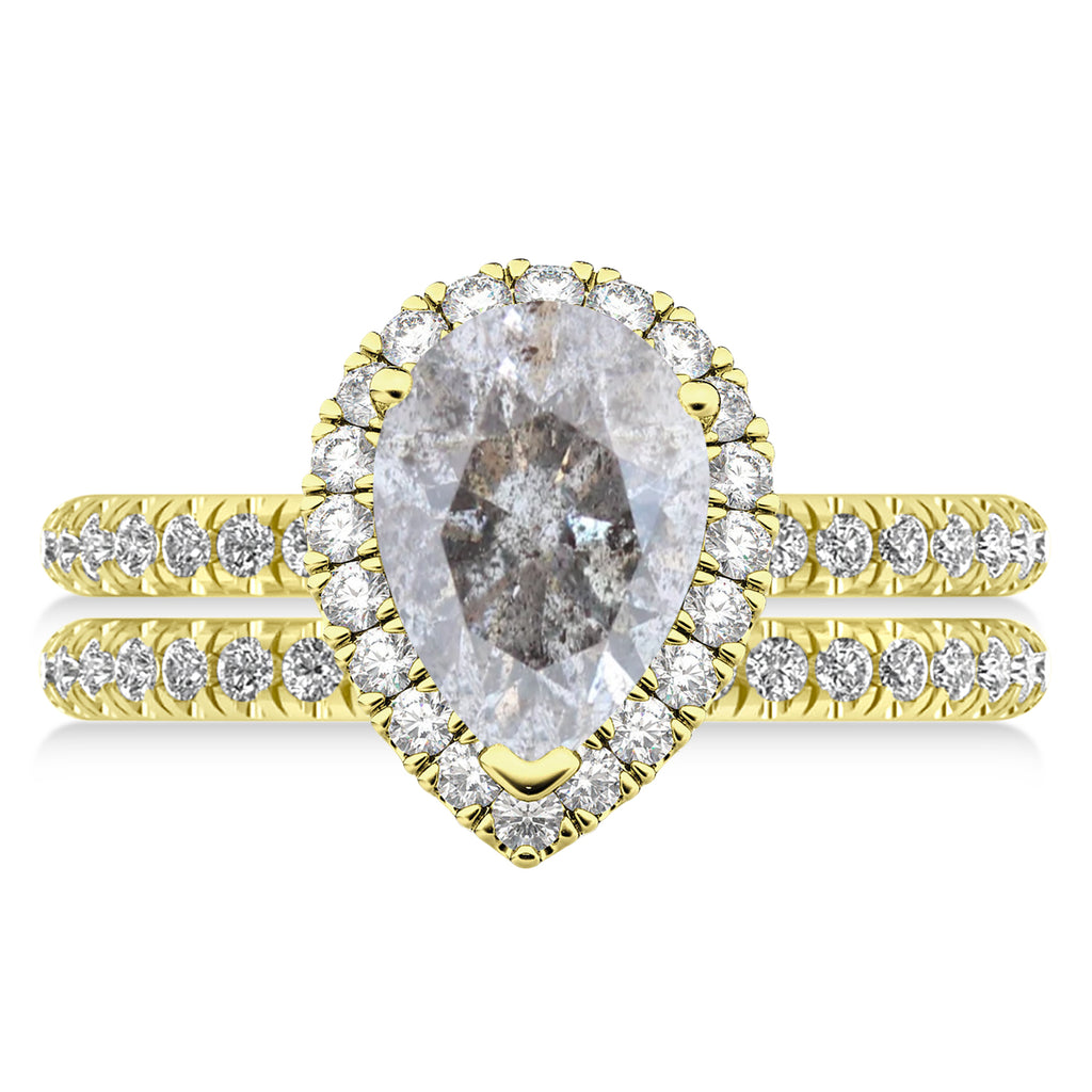Salt & Pepper & White Diamonds Pear-Cut Halo Bridal Set 14K Yellow Gold (2.78ct)