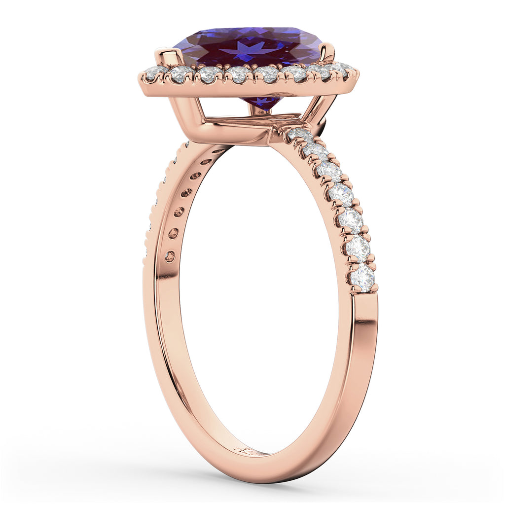Pear Cut Halo Lab Alexandrite & Diamond Engagement Ring 14K Rose Gold 2.21ct