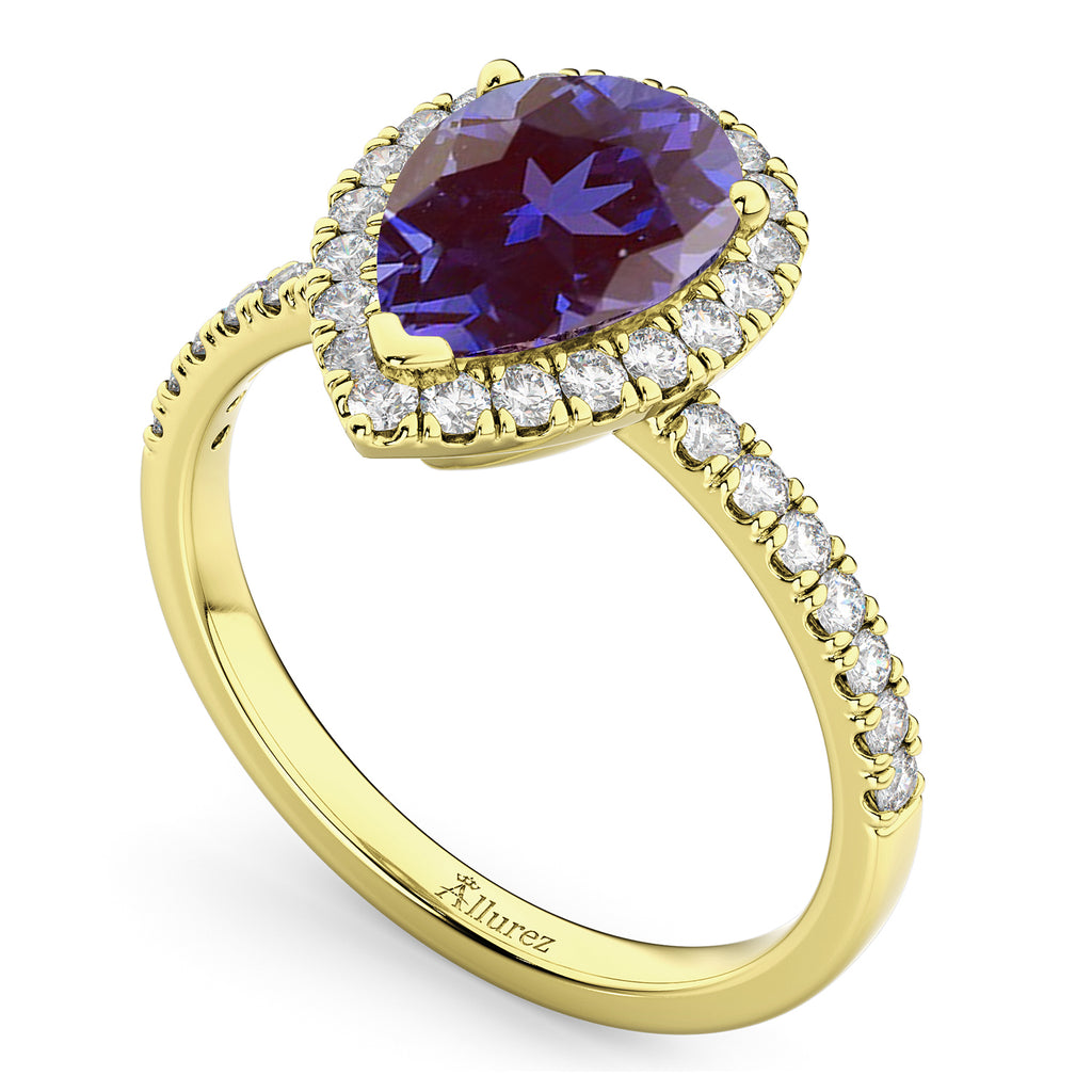 Pear Cut Halo Lab Alexandrite & Diamond Engagement Ring 14K Yellow Gold 2.21ct