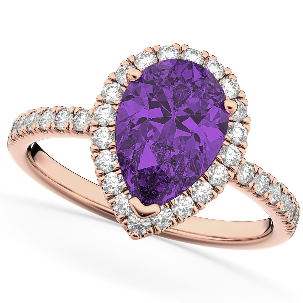 Pear Cut Halo Amethyst & Diamond Engagement Ring 14K Rose Gold 2.21ct