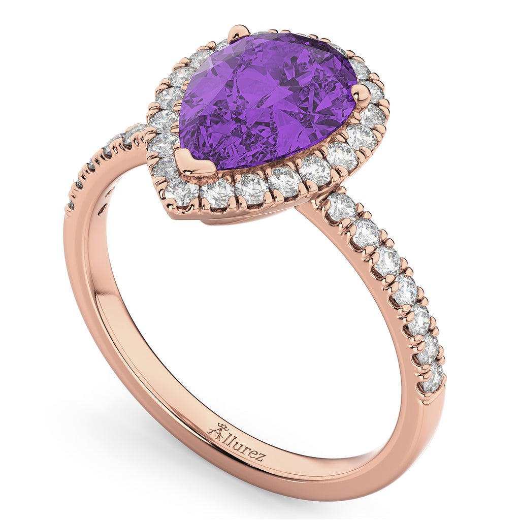 Pear Cut Halo Amethyst & Diamond Engagement Ring 14K Rose Gold 2.21ct