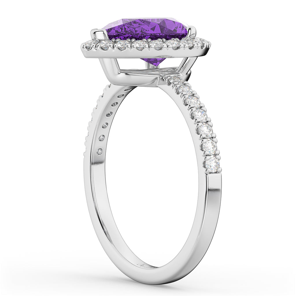 Pear Cut Halo Amethyst & Diamond Engagement Ring 14K White Gold 2.21ct