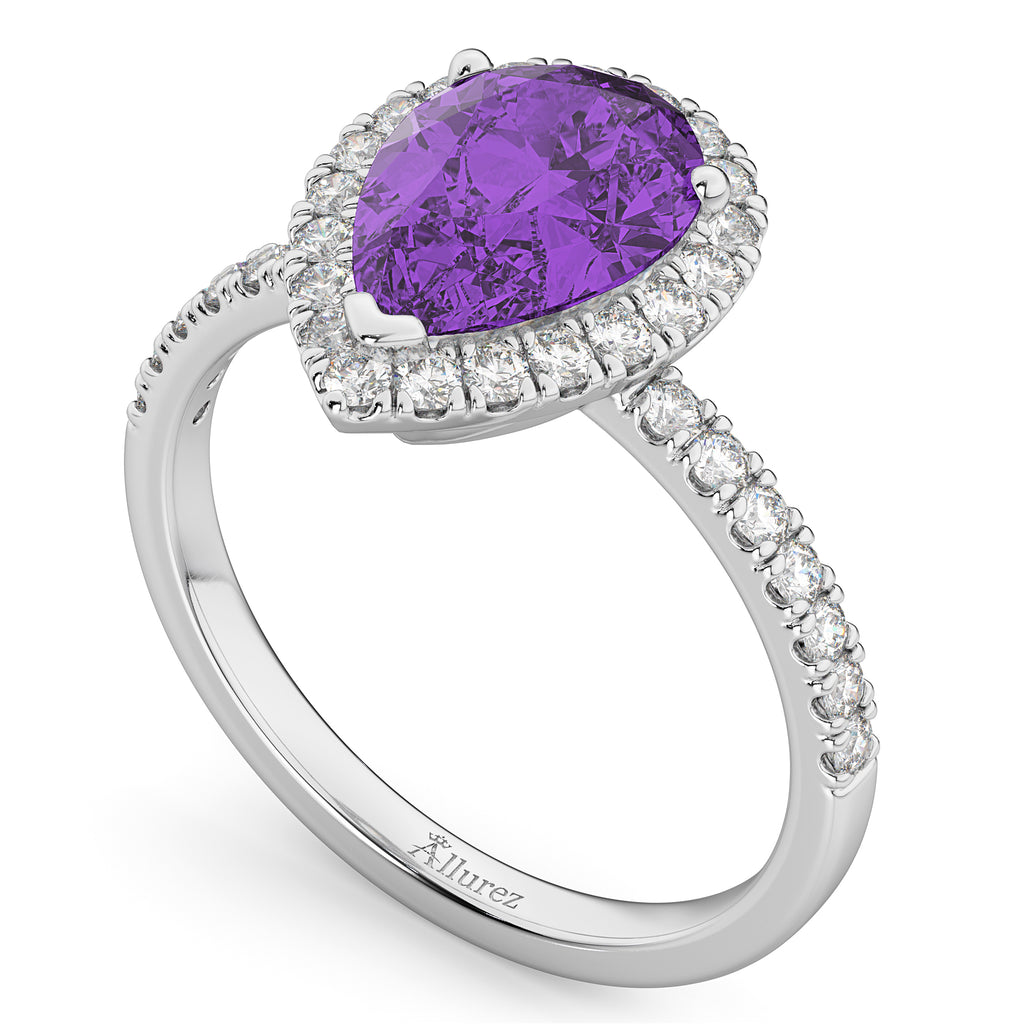 Pear Cut Halo Amethyst & Diamond Engagement Ring 14K White Gold 2.21ct