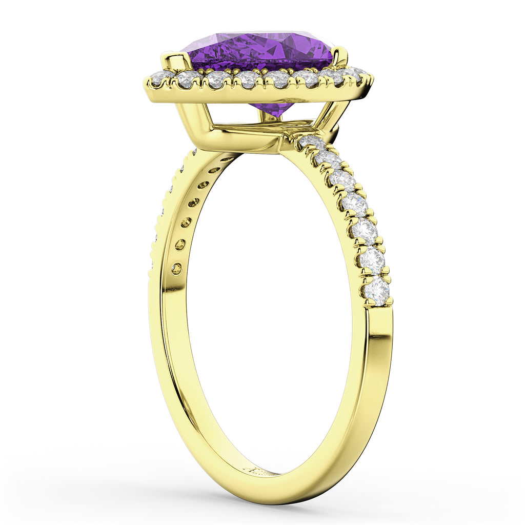 Pear Cut Halo Amethyst & Diamond Engagement Ring 14K Yellow Gold 2.21ct