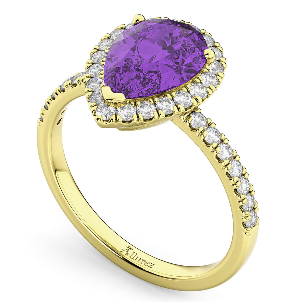 Pear Cut Halo Amethyst & Diamond Engagement Ring 14K Yellow Gold 2.21ct