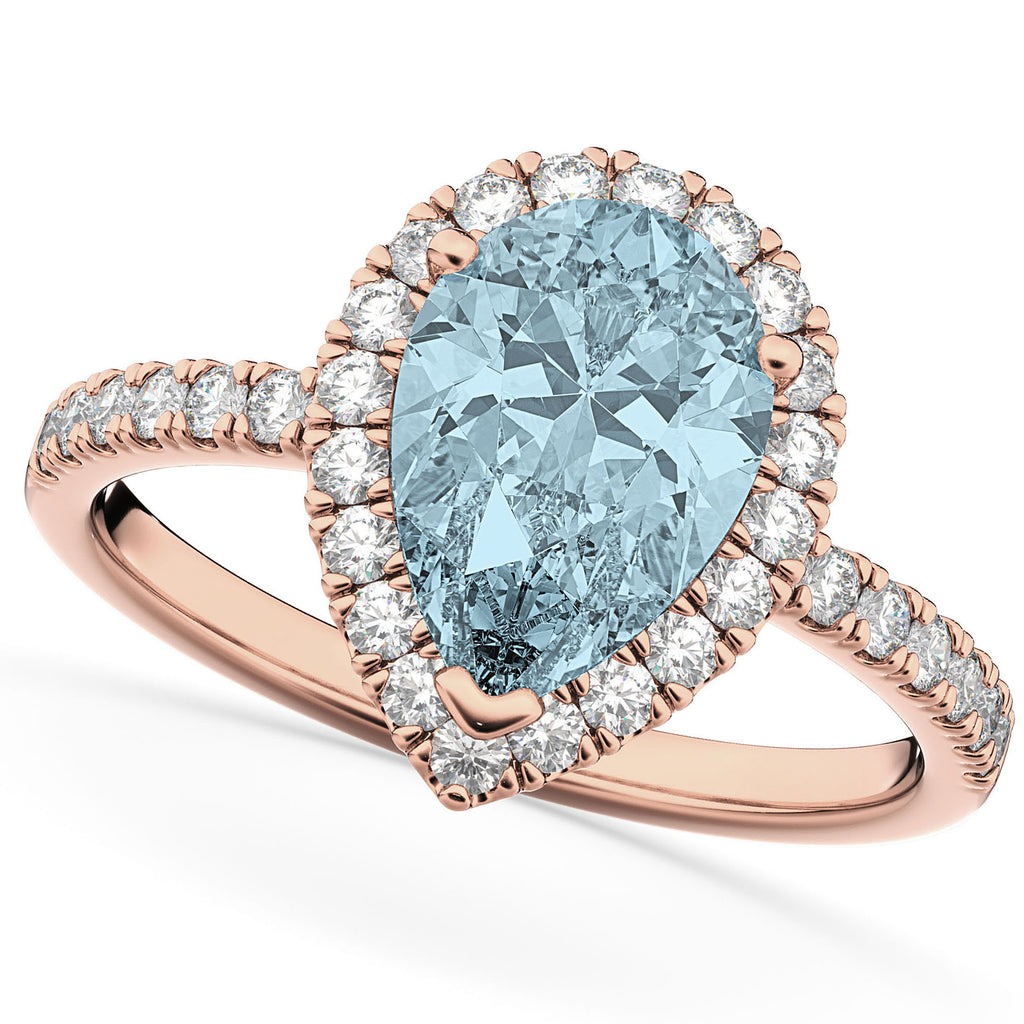 Pear Cut Halo Aquamarine & Diamond Engagement Ring 14K Rose Gold 2.36ct