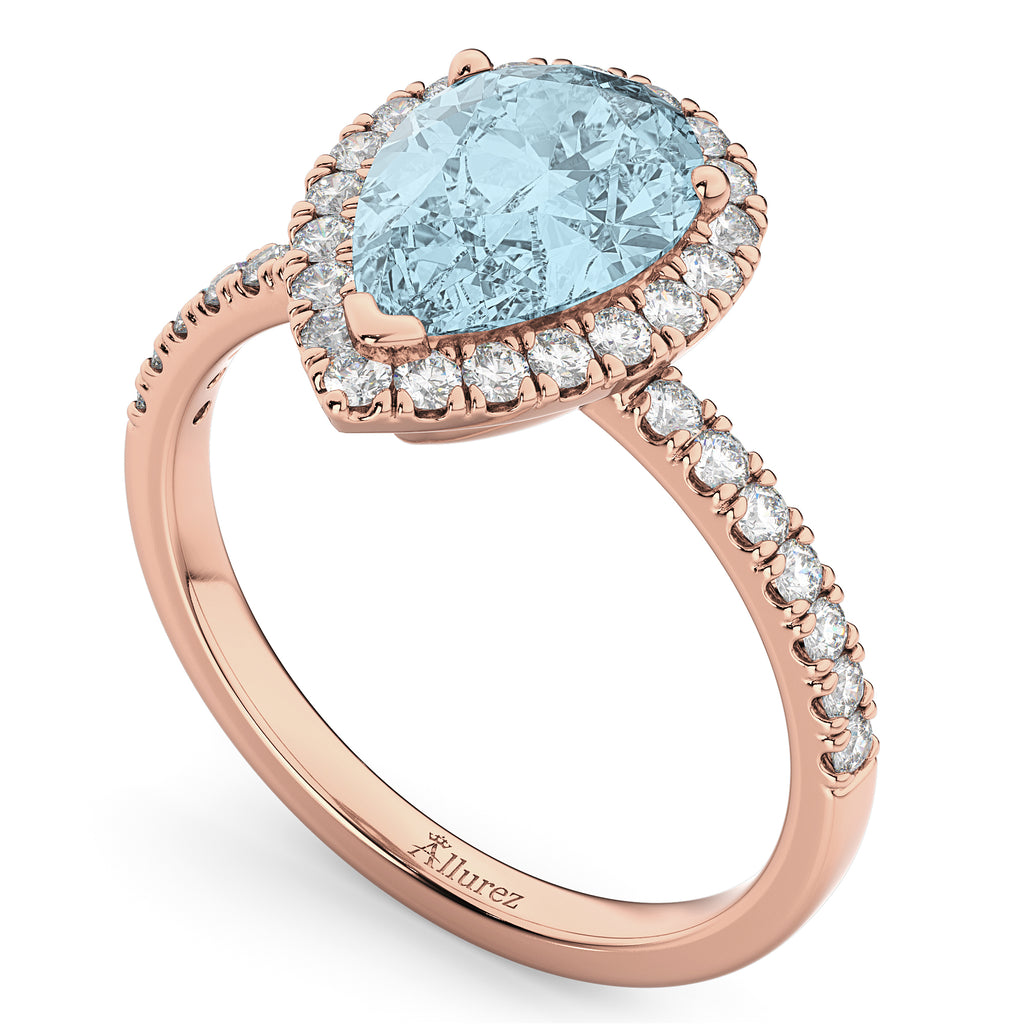 Pear Cut Halo Aquamarine & Diamond Engagement Ring 14K Rose Gold 2.36ct