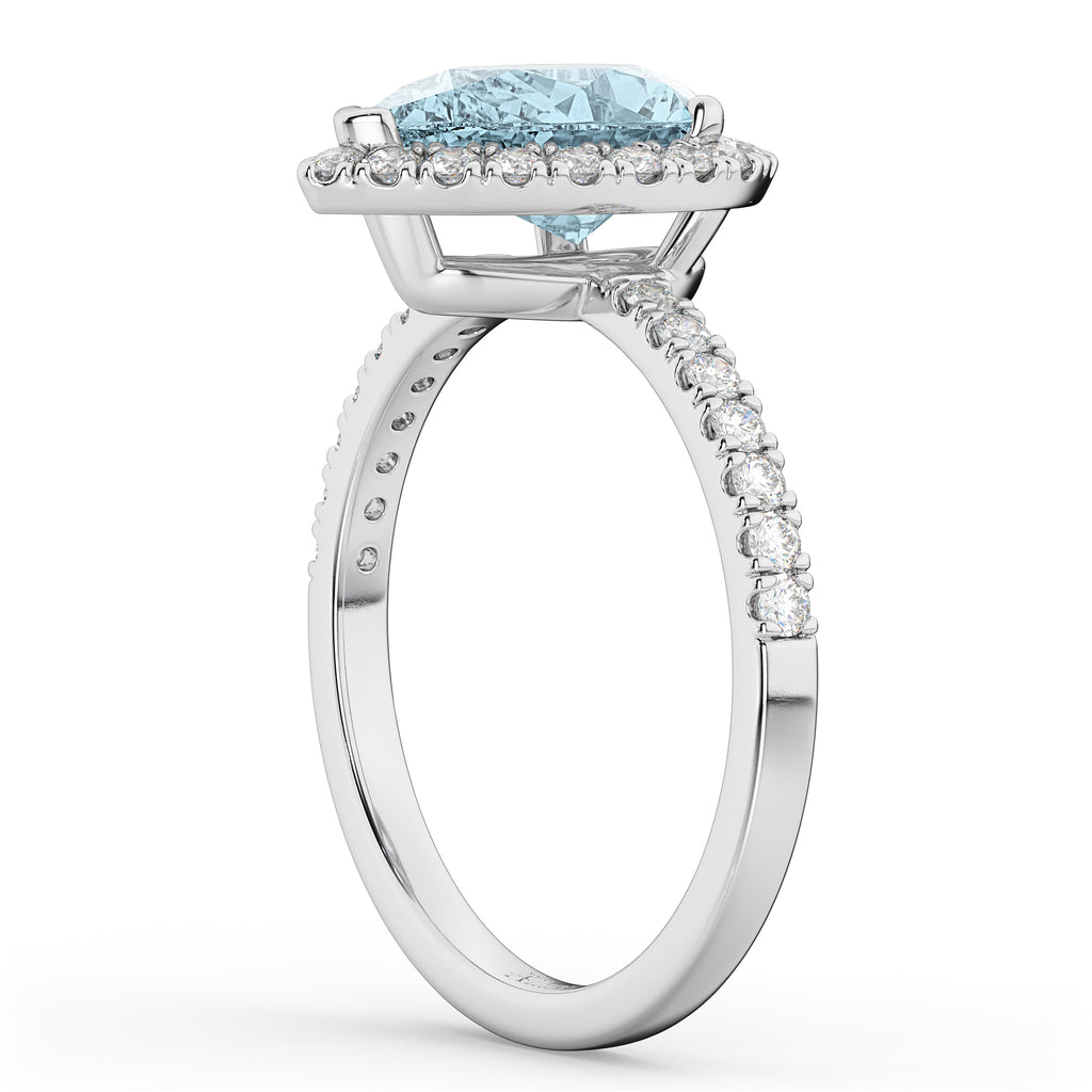 Pear Cut Halo Aquamarine & Diamond Engagement Ring 14K White Gold 2.36ct
