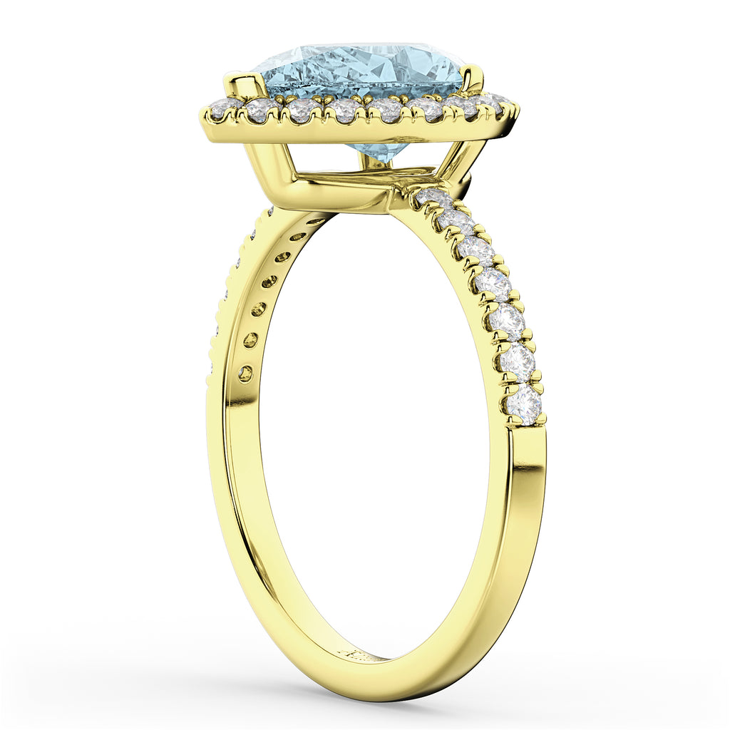 Pear Cut Halo Aquamarine & Diamond Engagement Ring 14K Yellow Gold 2.36ct