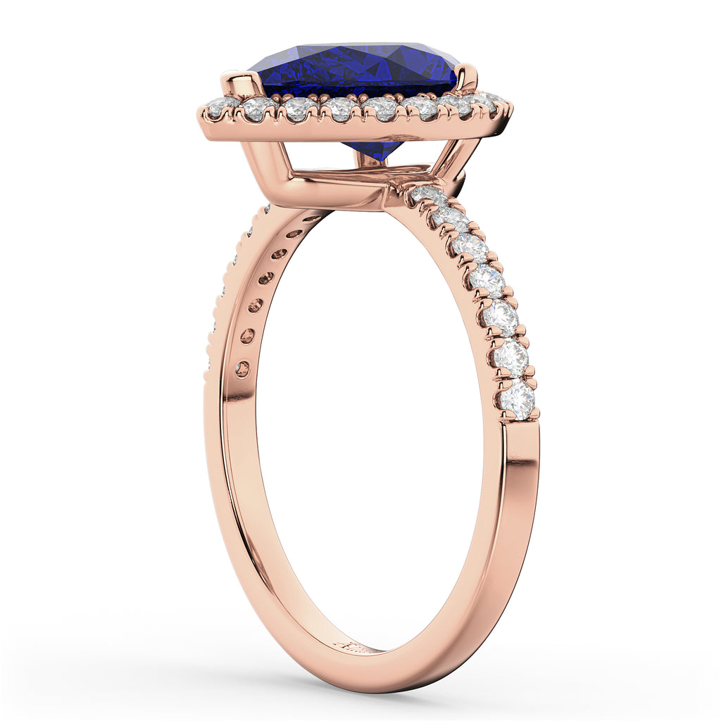 Pear Cut Halo Lab Blue Sapphire & Lab Diamond Engagement Ring 14K Rose Gold 3.01ct