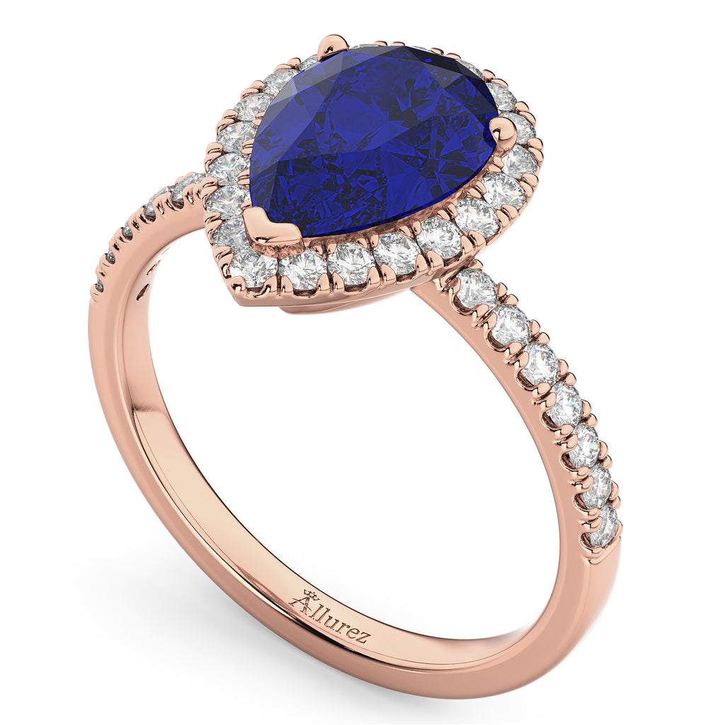 Pear Cut Halo Lab Blue Sapphire & Lab Diamond Engagement Ring 14K Rose Gold 3.01ct