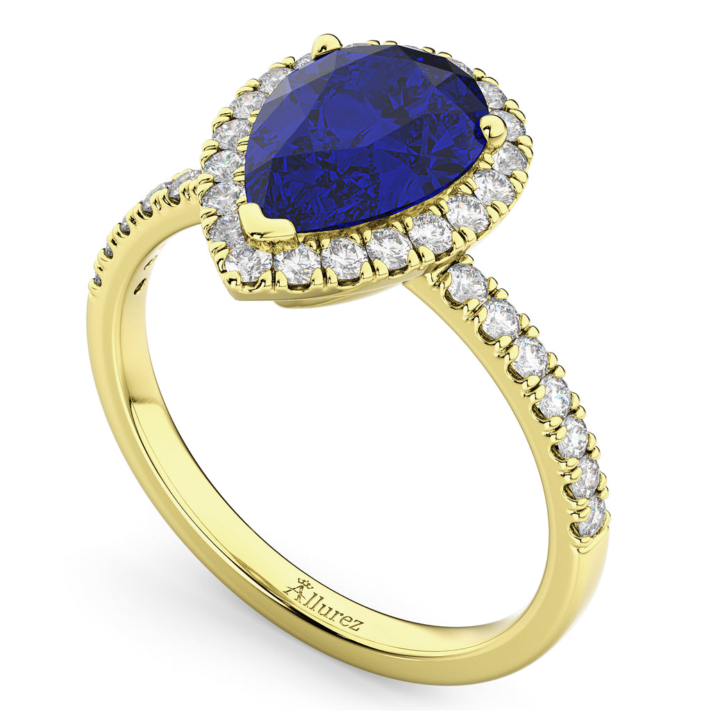 Pear Cut Halo Lab Blue Sapphire & Lab Diamond Engagement Ring 14K Yellow Gold 3.01ct