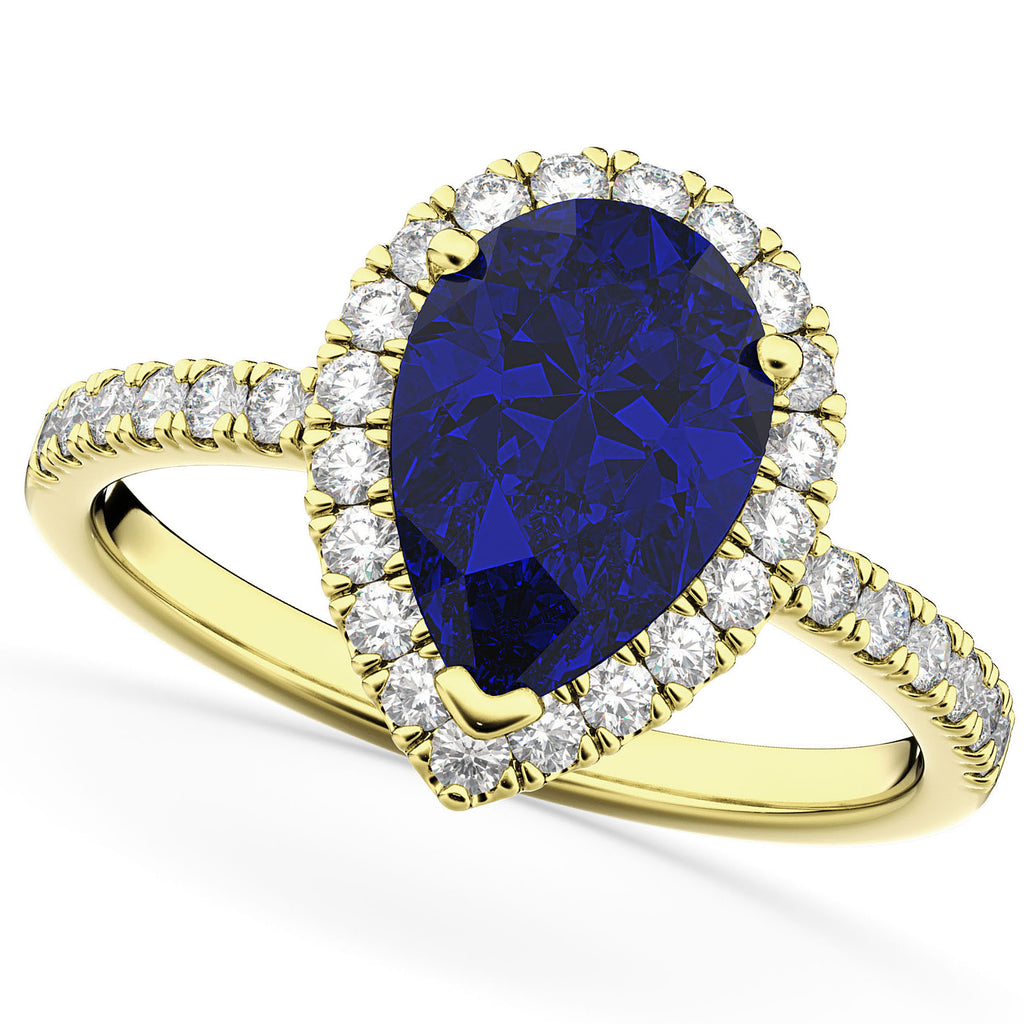 Pear Cut Halo Blue Sapphire & Diamond Engagement Ring 14K Yellow Gold 3.01ct