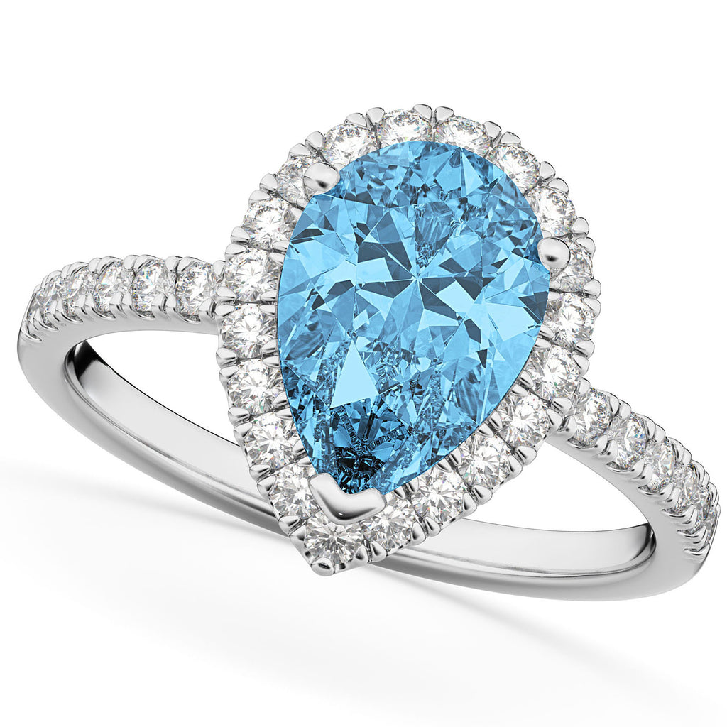 Pear Cut Halo Blue Topaz & Diamond Engagement Ring 14K White Gold 1.91ct