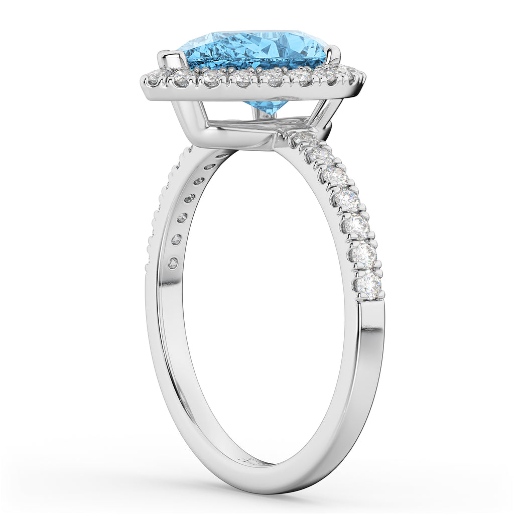 Pear Cut Halo Blue Topaz & Diamond Engagement Ring 14K White Gold 1.91ct