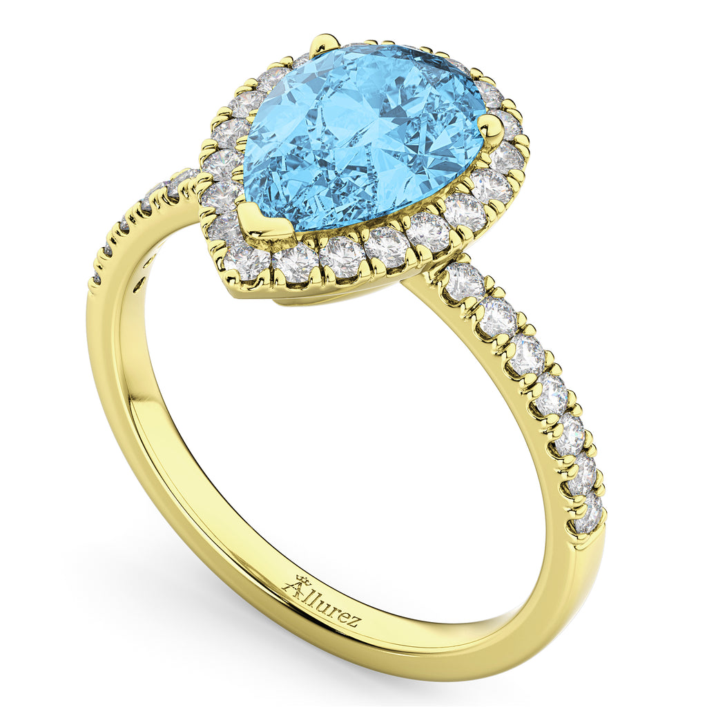 Pear Cut Halo Blue Topaz & Diamond Engagement Ring 14K Yellow Gold 1.91ct