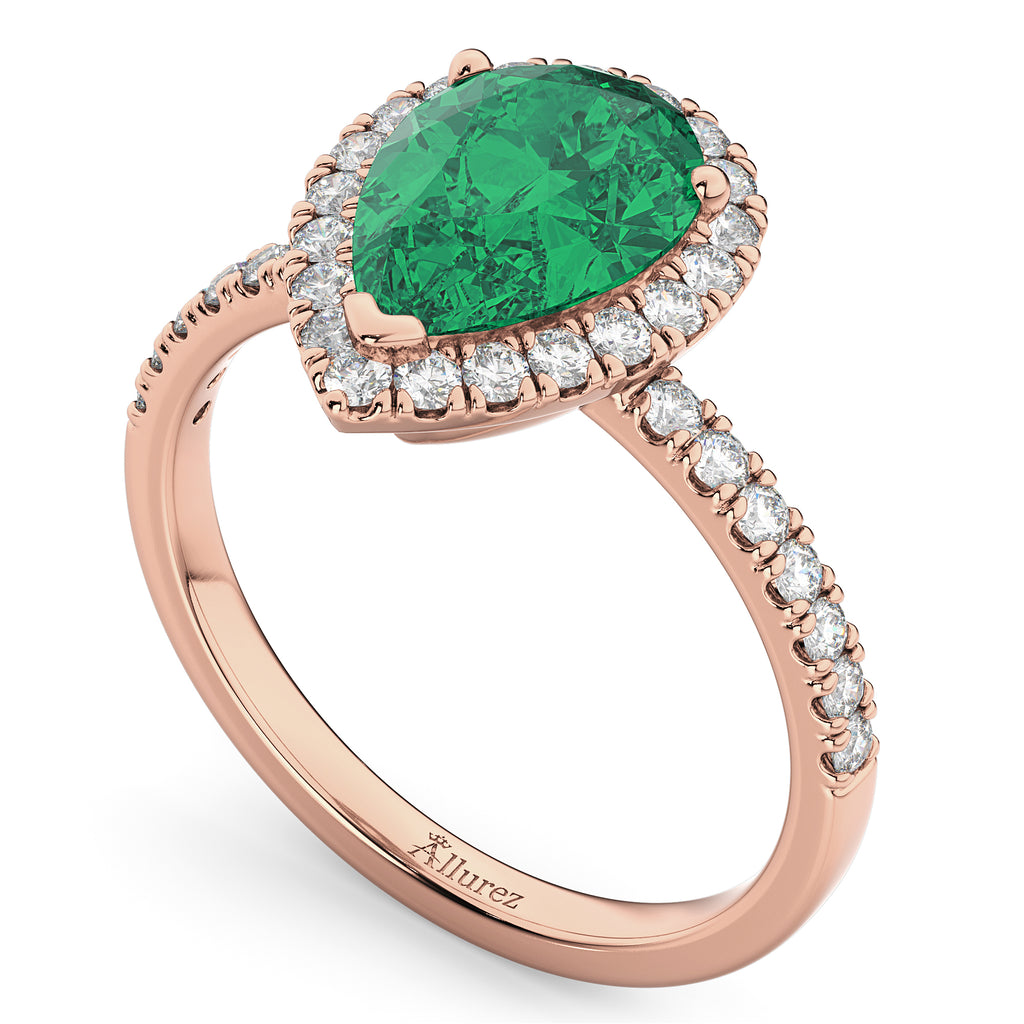 Pear Cut Halo Emerald & Diamond Engagement Ring 14K Rose Gold 3.21ct