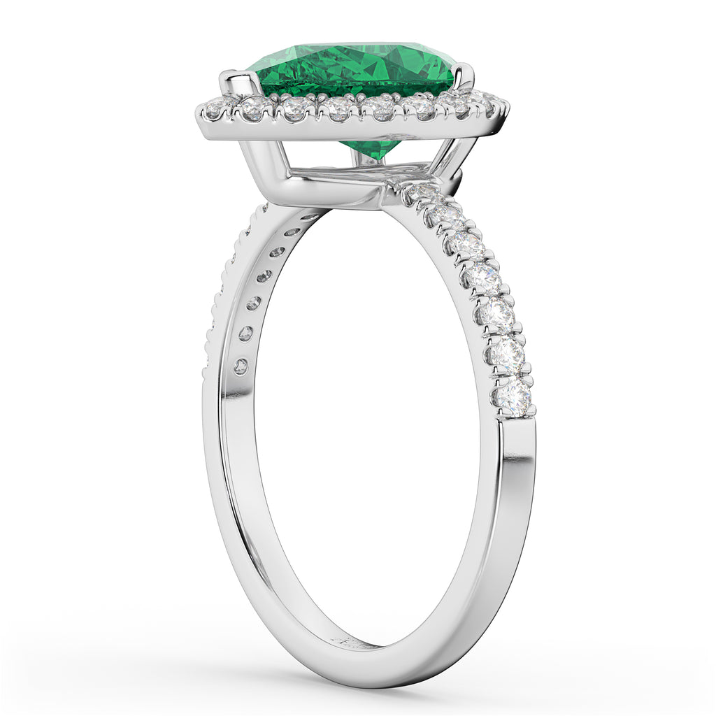 Pear Cut Halo Emerald & Diamond Engagement Ring 14K White Gold 3.21ct