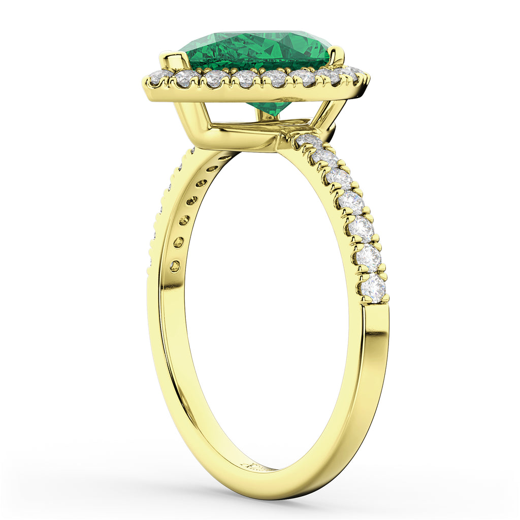 Pear Cut Halo Lab Emerald & Lab Diamond Engagement Ring 14K Yellow Gold 3.21ct