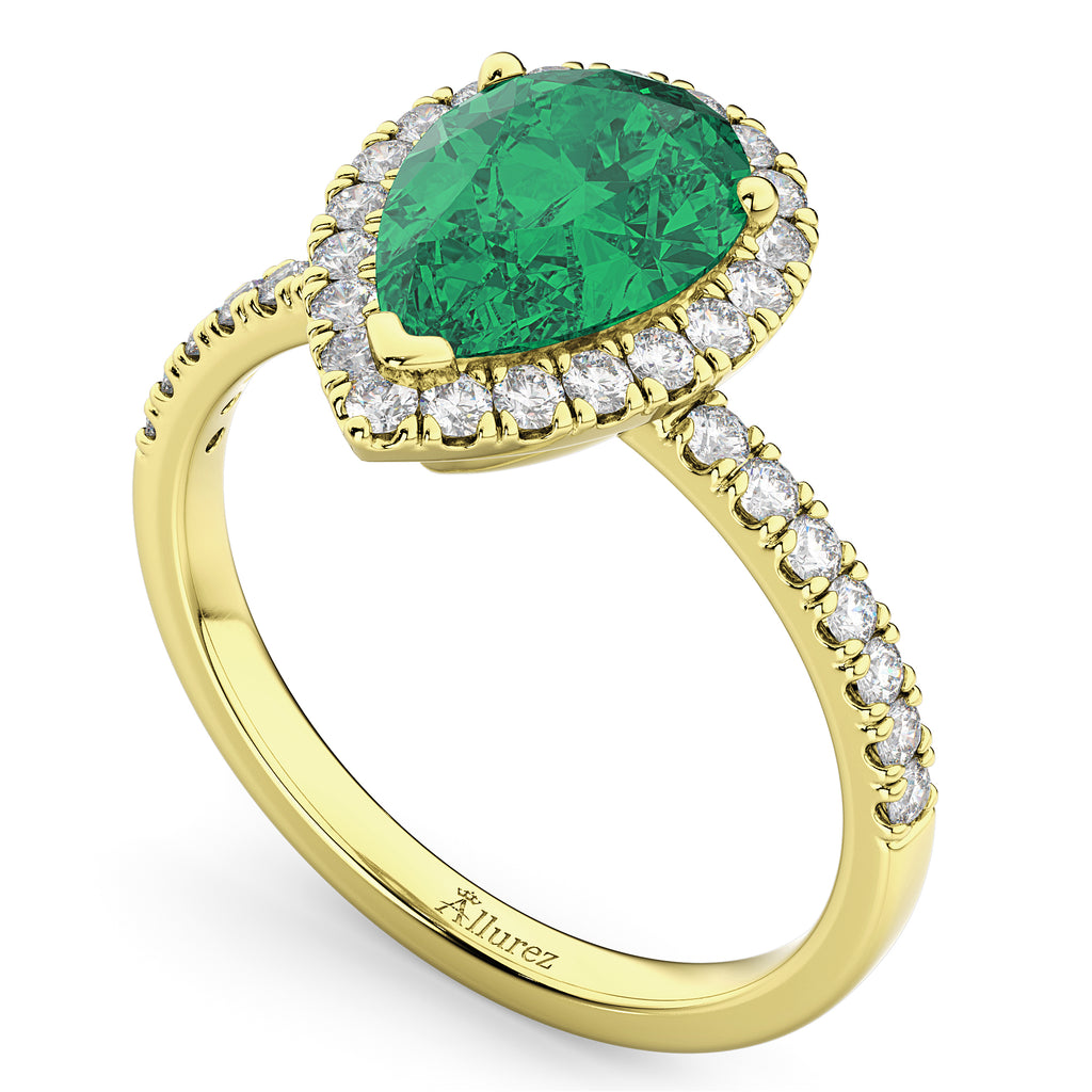 Pear Cut Halo Lab Emerald & Lab Diamond Engagement Ring 14K Yellow Gold 3.21ct