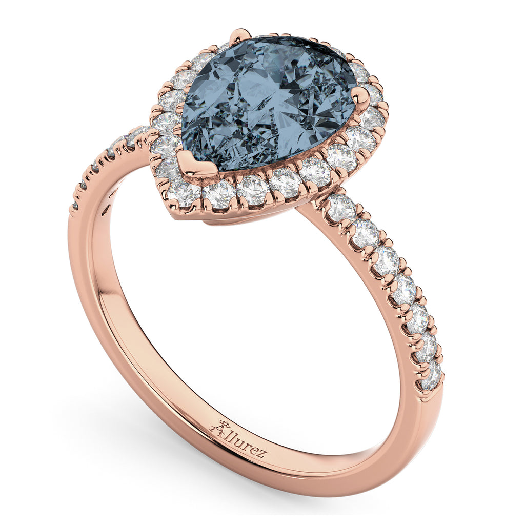 Pear Cut Halo Gray Spinel & Diamond Engagement Ring 14K Rose Gold 2.21ct