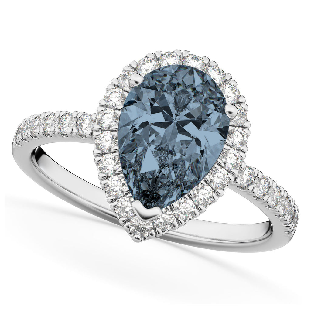 Pear Cut Halo Gray Spinel & Diamond Engagement Ring 14K White Gold 2.21ct