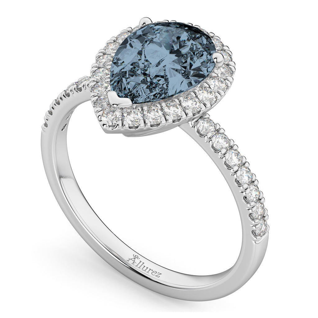 Pear Cut Halo Gray Spinel & Diamond Engagement Ring 14K White Gold 2.21ct